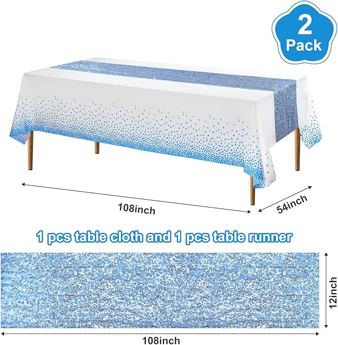Irenare Tablecloth and Sequin Table Runner Set Polka Dots Confetti Table Cover Dining Plastic Tablecloths Glitter Decorations for Birthday Wedding Anniversary Party Supplies(White, Blue,2 Pcs)