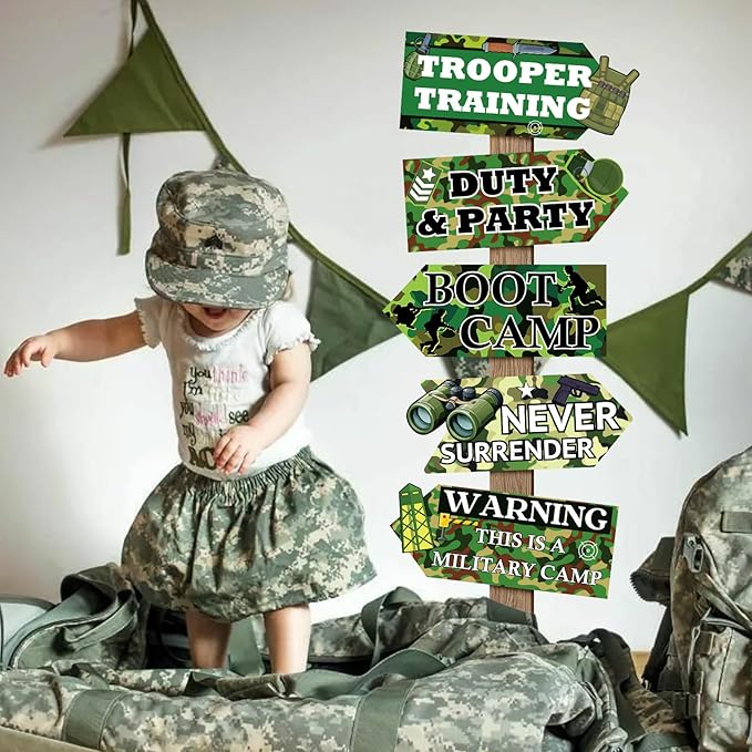 Hooqict 20 Pieces Camo Party Signs Army Birthday Party Decorations Camouflage Military Birthday Party Supplies for Boys Men Army Themed Directional Sign