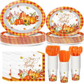 Havawish 350 Pcs Fall Thanksgiving Party Supplies Give Thanks Tableware Set Orange Buffalo Plaids Pumpkin Disposable Oval Plates Cups Napkins Fork Knife Spoon Dinnerware for Autumn Party Table Decor