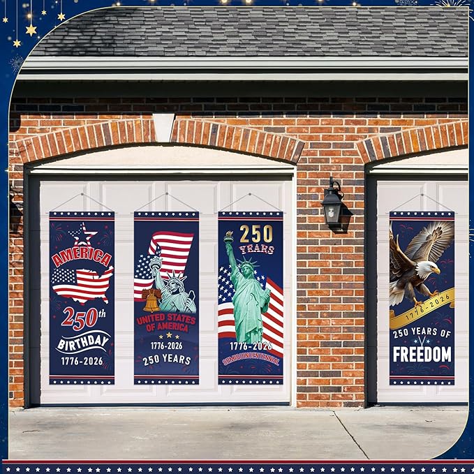 Panelee 4 Pcs 250th Anniversary Banner Decoration Patriotic American Flag Porch Banner 250th Anniversary Hanging Backdrop for Independence Day 4th of July Wall Indoor Outdoor Decor