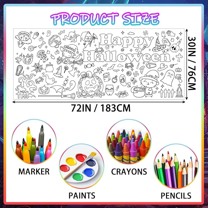 Halloween Giant Coloring Poster 30x72Inch Pumpkin Ghost Versatile Paper Coloring Banner/Table Cover DIY Art Crafts Mat,for Kids Halloween Decor Large Coloring Activity Poster Home Classroom Wall Party