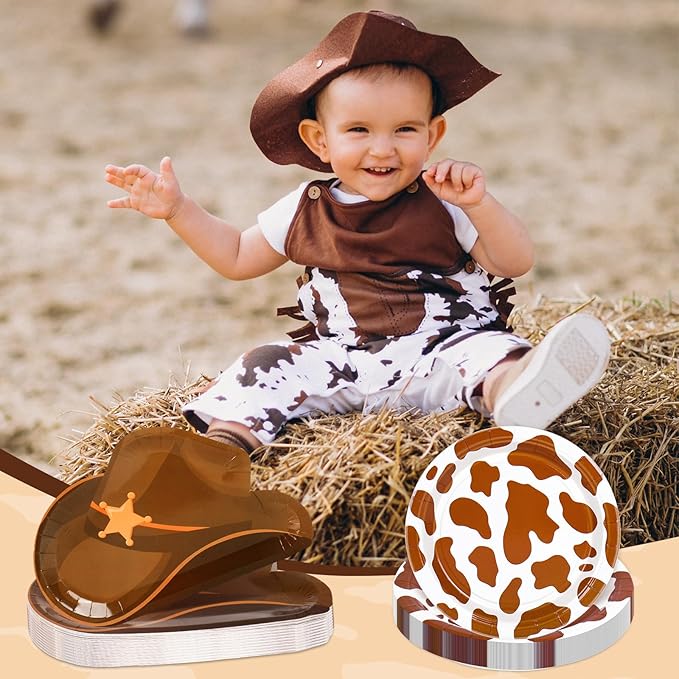 175 Pcs Cowboy Tableware Sets Serves 25 Guests Brown Rodeo Hat Cow Print Plates Napkins Cups Fork Knife Spoon Disposable Dinnerware for Western Birthday Cowgirl Party Supplies