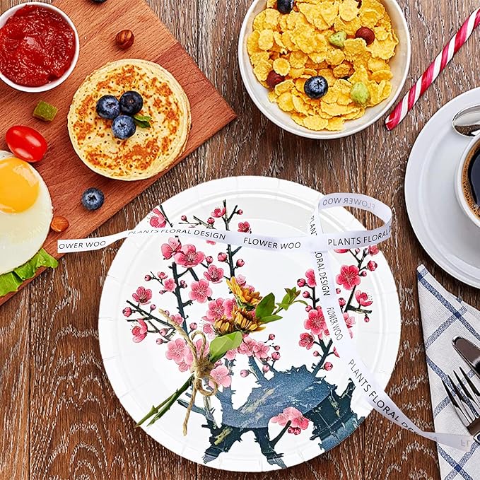 50Pcs Chinese New Year Party Supplies Chinese Japanese Cherry Paper Plates 7"Cherry Blossom Dessert Plates Flowers Plates for Birthday Wedding Chinese New Year Spring Festival Decorations (White)