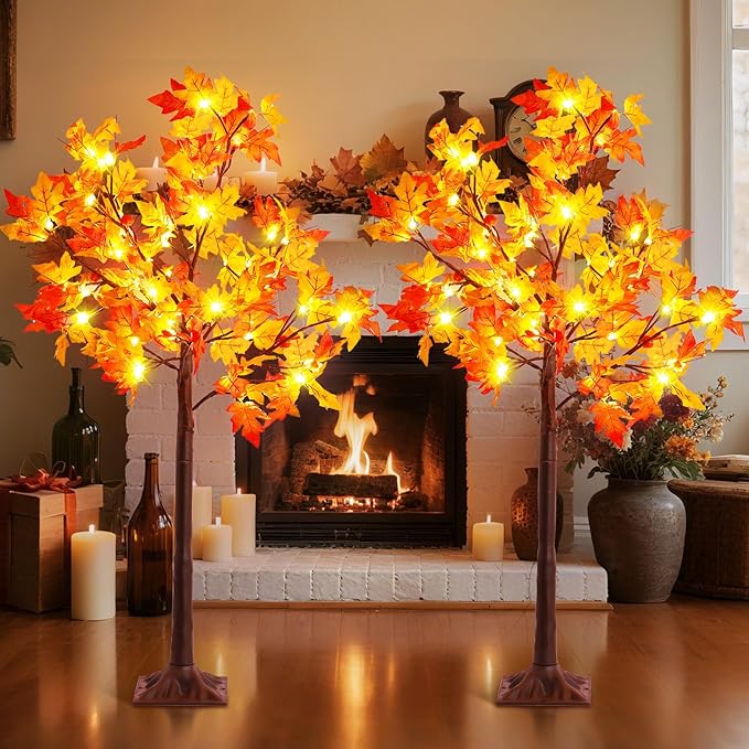 2Pack 4FT Artificial Prelit Lighted Fall Maple Tree for Home Fall Halloween Thanksgiving Table Harvest Home Indoor Decoration