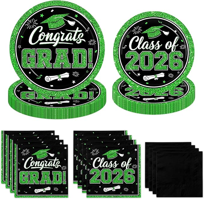 Graduation Decorations 2026 Graduation Party Plates and Napkins Set Black Green Class of 2026 Graduation Party Supplies for Congrats Grad Party Decor, Serve 50