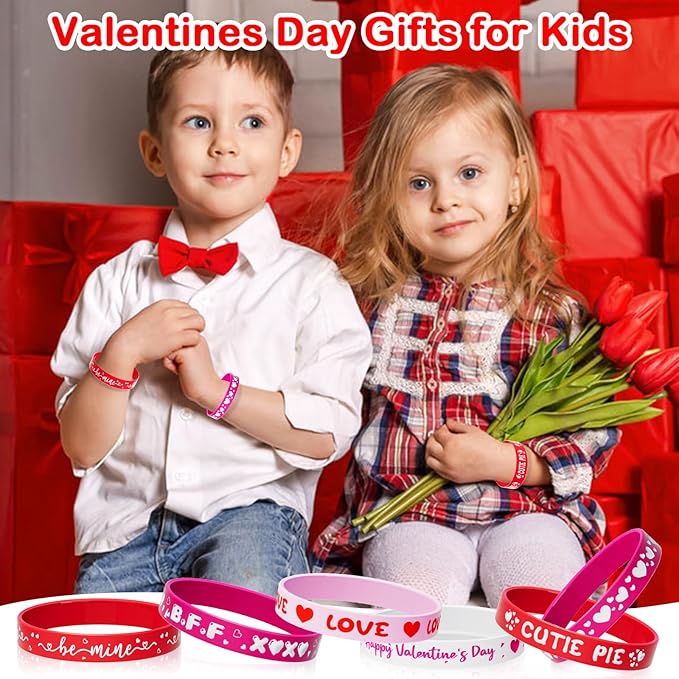 Valentine's Day Rubber Bracelets Bulk - 30PCS Valentines Day Gifts for Kids Valentines Party Favors Supplies Silicone Wristbands Goodie Bag Stuffers Treats Classroom Prizes Accessories Decorations