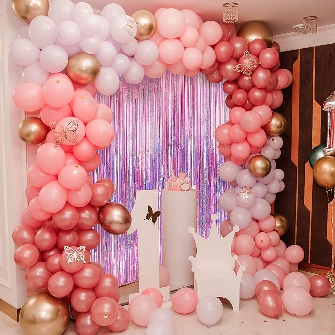 Crosize 4 Pack 3.3 x 9.9 ft Laser Pink Foil Fringe Curtains Party Decorations,Tinsel Curtain Backdrop for Parties, Door Streamers, Glitter Streamer Backdrop for Birthday Decoration