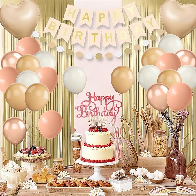 Beige Birthday Decorations,Happy Birthday Banner with Cream Nude Champagne Gold Balloon Heart Foil Balloons Fringe Curtain for Women Men Boho Baby Shower Party Decor