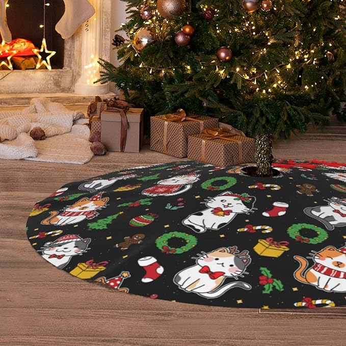Funny Cats Christmas Tree Skirt, 30 Inch Xmas Tree Mat for Holiday Party Home Decor Indoor Outdoor Use with Adorable Cat Designs 36"