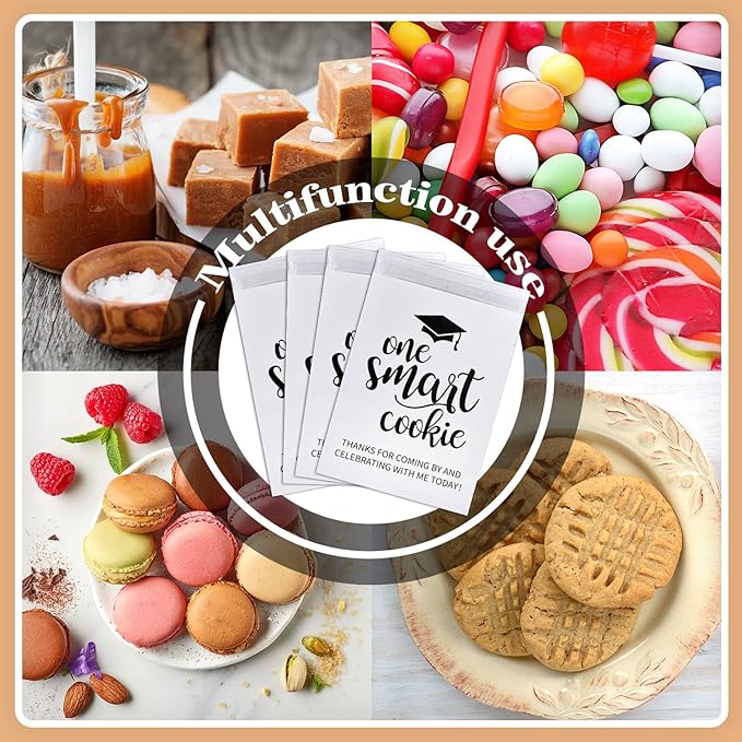 Whaline 100 Pack Graduation Candy Cookie Gift Bags One Smart Cookie Self-Adhesive Buffet Treat Bag Congrats Grad White Kraft Paper Treat Gift Bags for Graduation Party Decoration Supplies