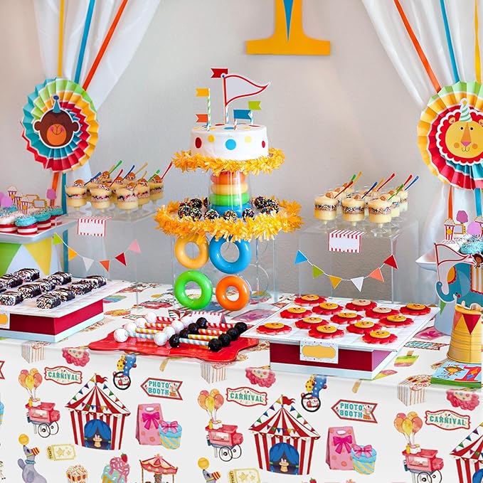 Hxezoc 54 x 108 Inch Circus Party Tablecloths Disposable Plastic Carnival Table Cover for Carnival Birthday Party Decorations Outdoor Indoor Supplies
