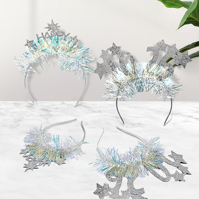 4 Pcs Happy New Year Headbands for Women 2026 New Year Eve Hairbands Party Supplies Holiday Headwear Decoration Gifts (Silver)