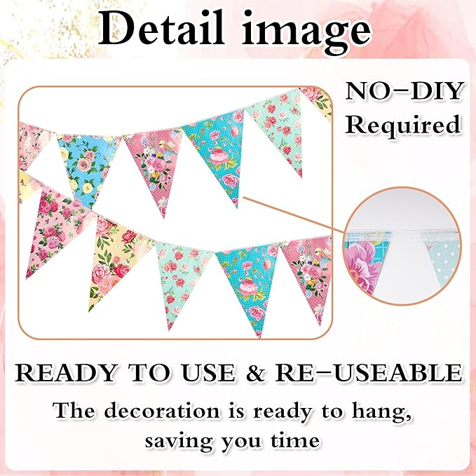 Tea Party Decorations Birthday Banner - Floral Decor Happy Birthday Banners Bunting Teapot Hanging Swirl, Flower Wonderland Theme Decoration for Women Girls Baby Shower Party Supplies