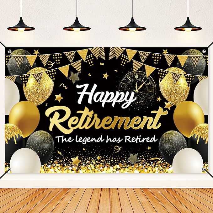 Retirement Party Decorations Kit for Men Women, Black Gold Happy Retirement Banner with 6PCS Honeycomb Centerpiece,5.9 x 3.6Ft, Black Gold Office Yard Sign for Farewell Decorations Party Supplies