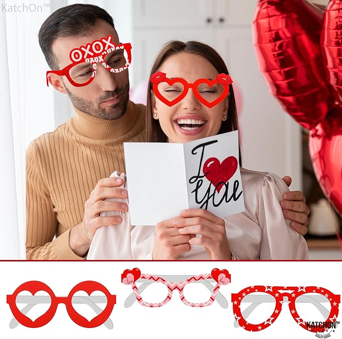 KatchOn, Red Heart Glasses - Pack of 12 | Valentines Glasses for Valentines Day Decorations | Valentines Photo Props for Valentines Decor | 6 Designs Heart Shaped Glasses | Galentines Day Decorations