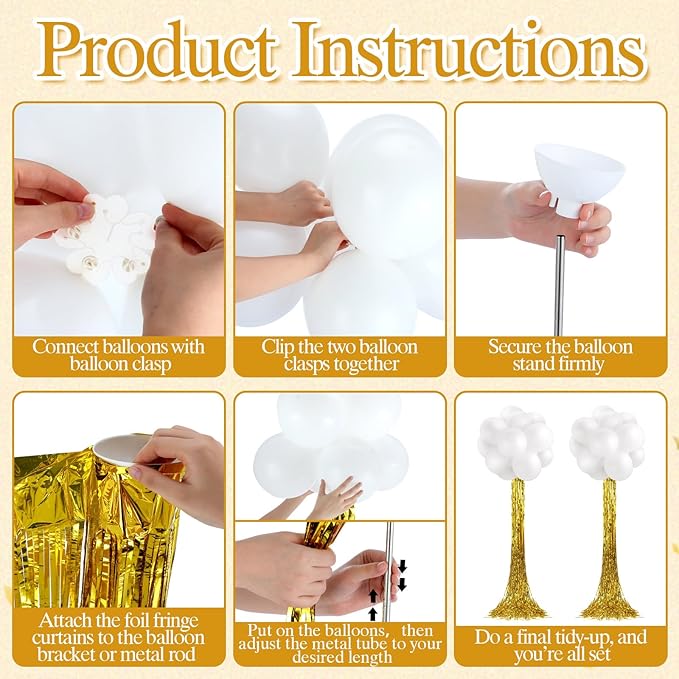 Gejoy 2 Set White and Gold Graduation Decorations Graduation Balloon Column Stand Kit with 50 Balloons 2 Gold Foil Fringe Backdrop Curtains 2 Adjustable Tower Stand with Base for 2026 Grad Party Decor