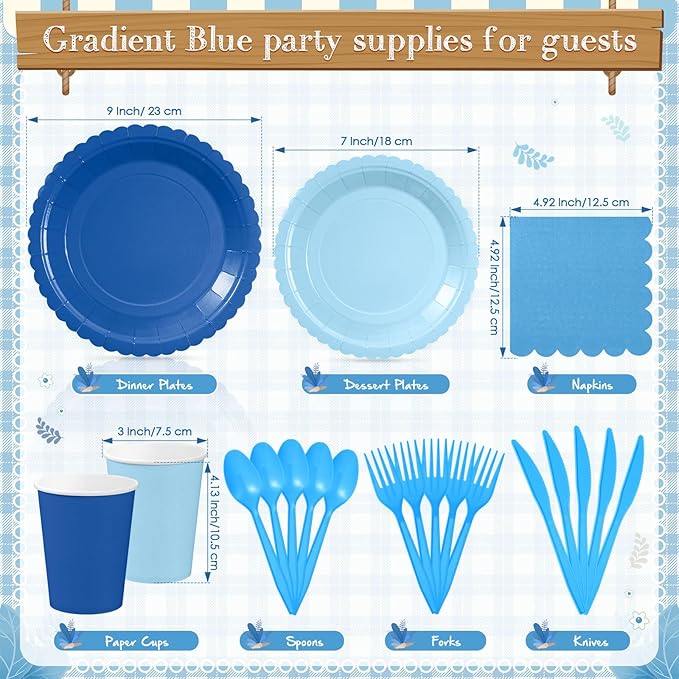 Zhehao 175 Pcs Blue Party Supplies Set Blue Disposable Tableware Kit with Plates, Cups, Napkins, Cutlery in Natural Earth Tones for Baby Shower, Birthday, Wedding Forest Events