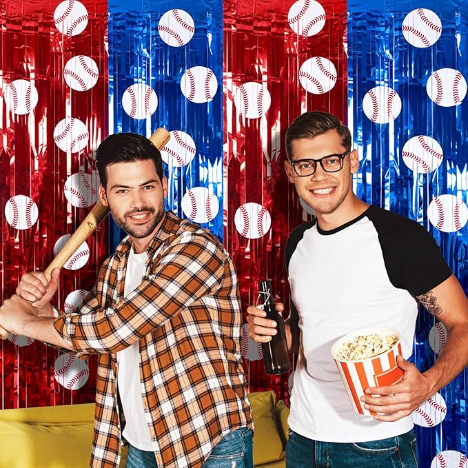 Soulchen 2 Pack Baseball Birthday Party Decorations 3.3 x 6.6 ft Baseball Backdrop Red Blue White Sports Foil Fringe Curtain Photo Props Sports Birthday Banner Party Supplies