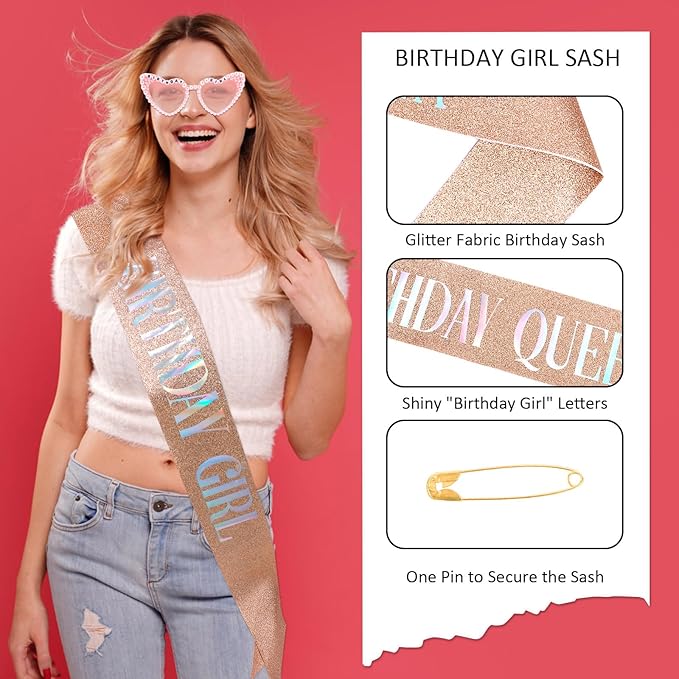 Birthday Girl Sash & Glasses Set, Birthday Sash for Women Girls, Rose Gold 70.8" * 3.75", Happy Birthday Accessories Party Favors Set for Women Girls
