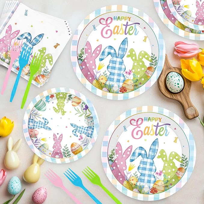 QZYL 120Pcs Easter Plates and Napkins, Disposable Easter Decorations Dinnerware for 30 Guests, Colorful Spring Bunny Paper Plates and Napkins, 9″ and 7″ Tableware for Easter Party Favors Spring Event