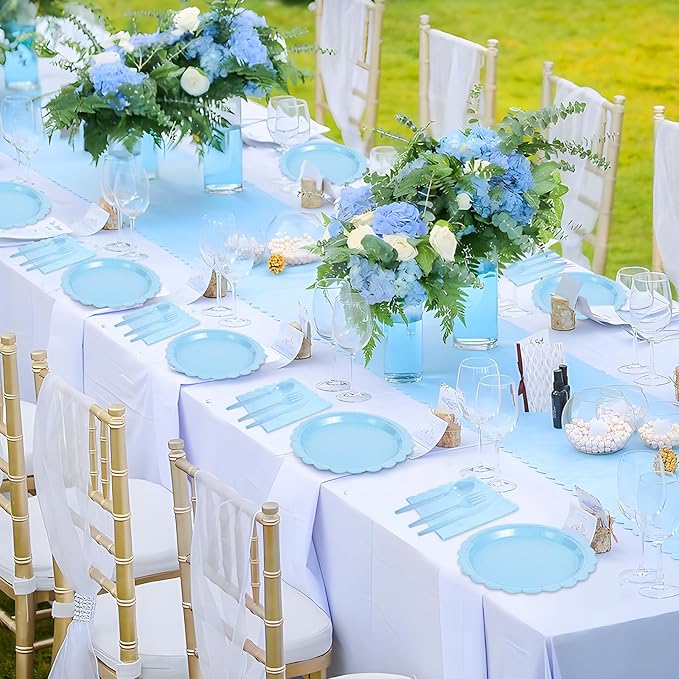 175 Pcs Light Blue Paper Plates and Napkins, Boy Baby Shower Decorations Include Light Blue Scalloped Plates Napkins Cups Plastic Spoons Forks Knives for Birthday, Bridal Shower, Wedding,