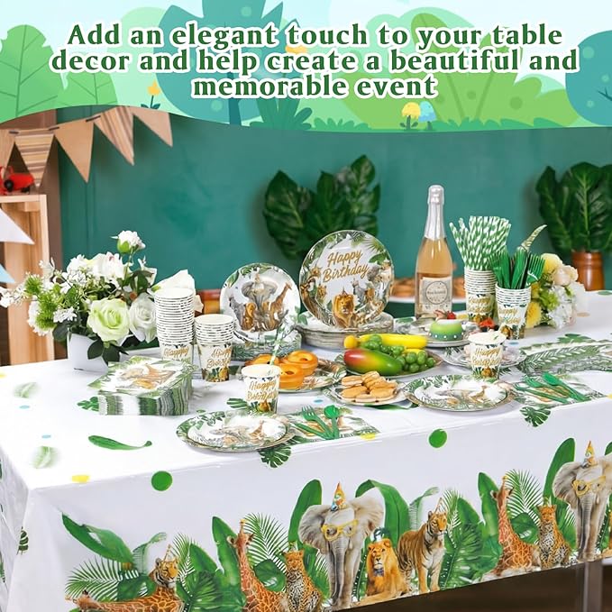 Ceenna 452 Pcs Safari Birthday Party Decorations for 50 Guests, Jungle Animals Paper Plates Napkins Cups Tablecloth Cutlery Straw Wild Animals Tableware for Zoo Theme Birthday Party Supplies