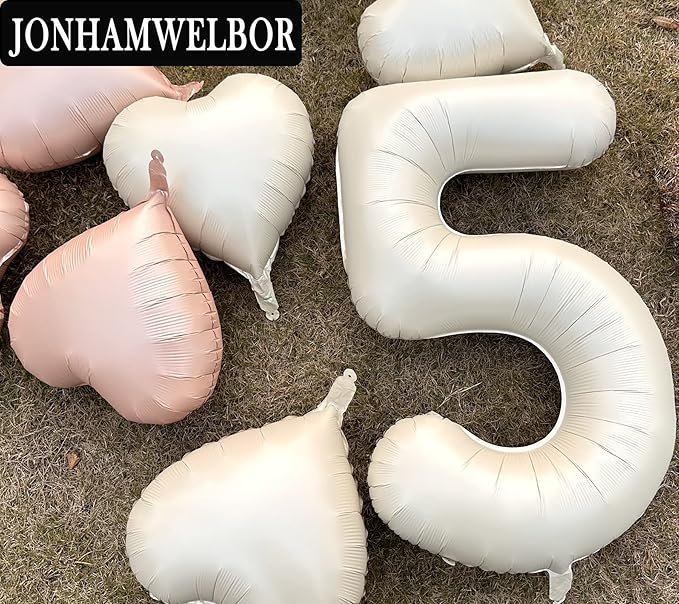 Jonhamwelbor 40 inch Number 5 Balloon Cream White Large Big Foil Helium Mylar Number Balloons with Heart Balloons for Girl Boy five Year Old 5th Birthday Party Decoration (40 inch Cream 5)