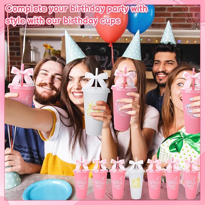 12 Pcs Birthday Party Tumblers, 24 oz Reusable Plastic Cups with Lids and Straws and Bows for Birthday Decorations Party Favor