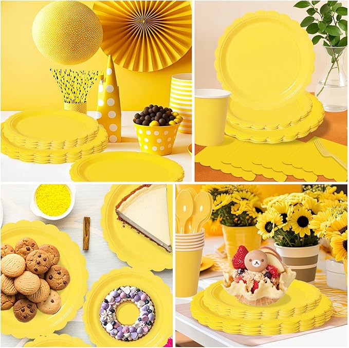 Vyntra 350 Pcs Yellow Disposable Paper Plates and Napkins Set for 50, 9" Dinner Plates & 7" Dessert Plates, Tableware for Birthday, Baby Shower, Picnic, Party
