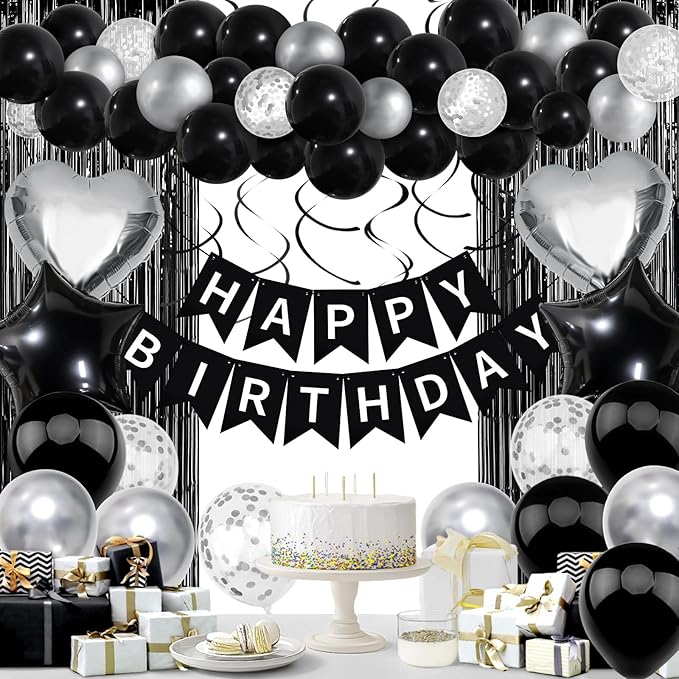 Black White Birthday Decorations, Bday Party Supplies for Women Men with Happy Birthday Banner, Confetti Balloons, Fringe Curtain, Heart Star Foil Balloons, Hanging Swirls