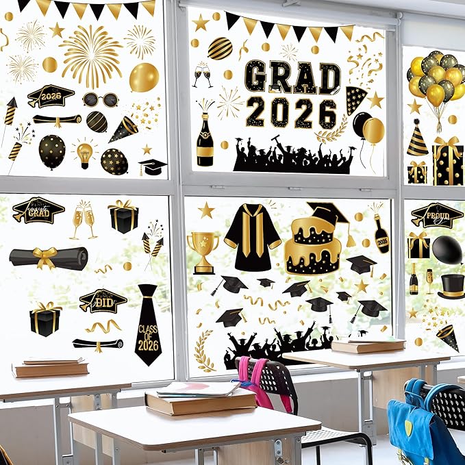108 PCS Graduation Window Clings, 9 Sheets Black Gold Graduation Decorations, Double-Sided Congrats Grad Decorations for Windows with Caps Gowns Balloons, Grad Stickers for School Home Decor