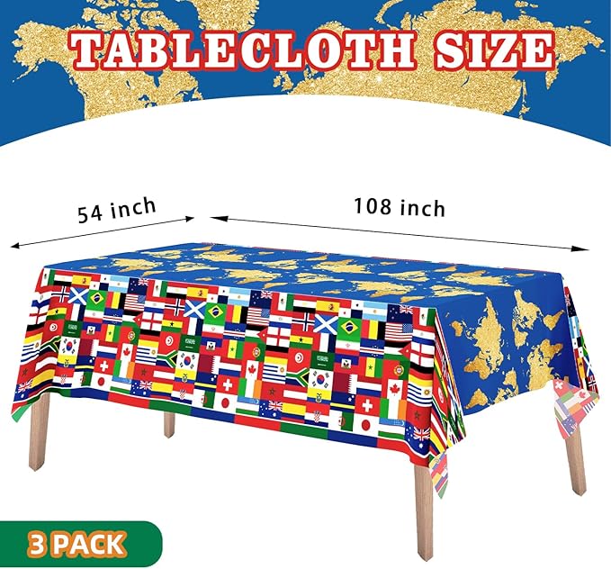 3World Cup Flag Tablecloth International Country Flag Decorations, Disposable Plastic Table Cover for Soccer World Cup Party,Games, Patriotic BBQ, Birthday, Outdoor Picnic Supplies