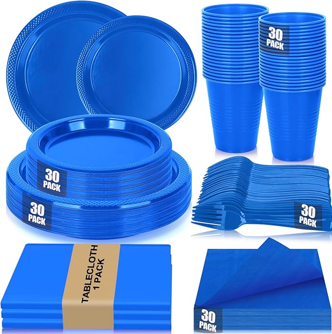Blue Plastic Plates for Party,30 Guest Disposable Plastic Plate Set 9" Plates,7" Dessert Plates,Napkins,12 oz Cups,Forks & Tablecloth for Birthday,Graduation,Picnic,Father's Day Party