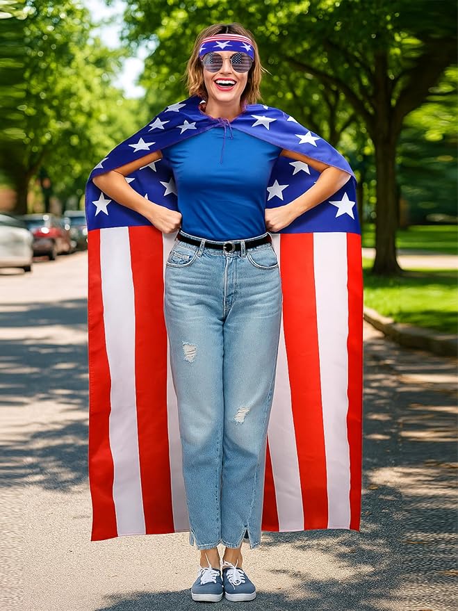 Frienda 250 Year American Flag Costume Cape, Retro 80's USA Sunglasses and Flag Headband for 250th Anniversary 4th of July