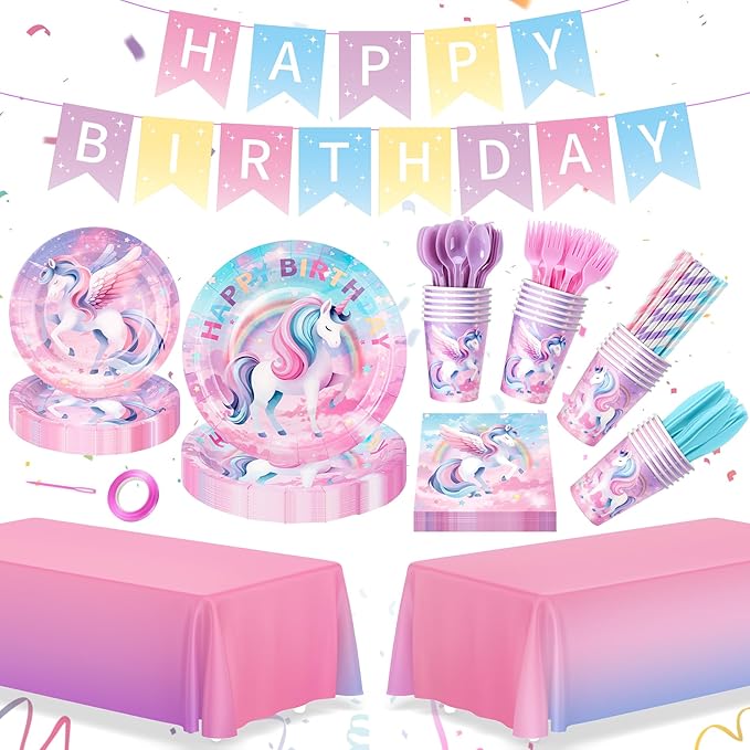 195Pcs Unicorn Birthday Party Supplies with Plates Cups Napkins Straws Cutlery, Unicorn Themed Birthday Decorations with Banner and Tablecloths, 24 Serves Unicorns Disposable Tableware Set for Party