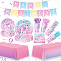 195Pcs Unicorn Birthday Party Supplies with Plates Cups Napkins Straws Cutlery, Unicorn Themed Birthday Decorations with Banner and Tablecloths, 24 Serves Unicorns Disposable Tableware Set for Party