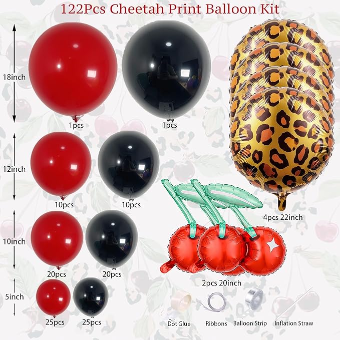 122PCS Cheetah Balloon Arch Garland Kit with Black Red Leopard Print Cherry Balloons for Cheetah Birthday Decorations, Leopard Party Decor, Cherry Theme, Girls Night, Bachelorette