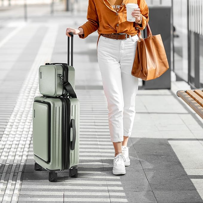 TRAVELARIM 20 Inch Carry On Luggage 22x14x9 Airline Approved, Carry On Suitcase with Wheels, Hard-shell Carry-on Luggage, Durable Luggage Carry-On, Sage Green Small Suitcase with Cosmetic Case