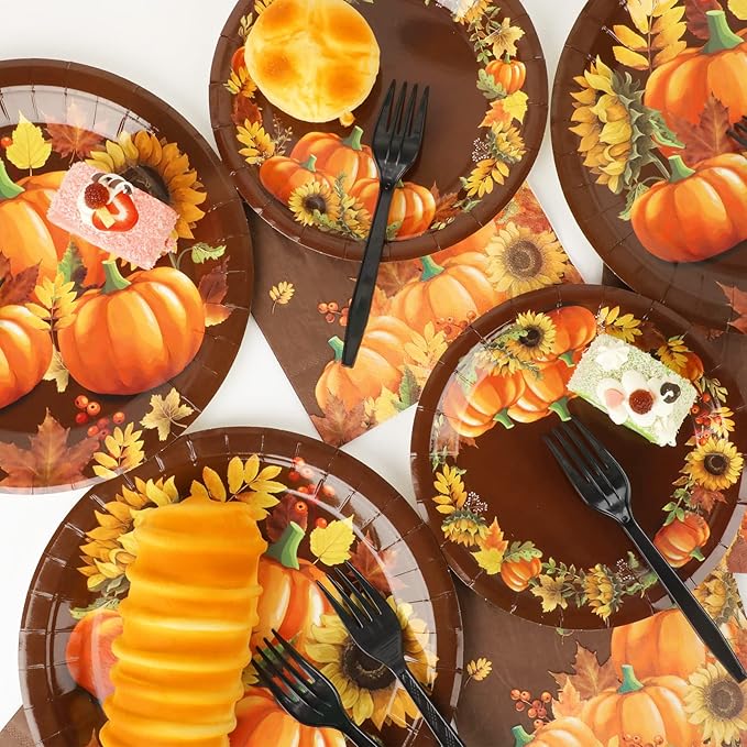 chiazllta 96 Pcs Thanksgiving Party Paper Plate and Napkins Supplies Fall Pumpkin & Sunflower Dessert Plates Thanksgiving Disposable Tableware Paper Plates Napkins Forks for Party Favors 24 Guests
