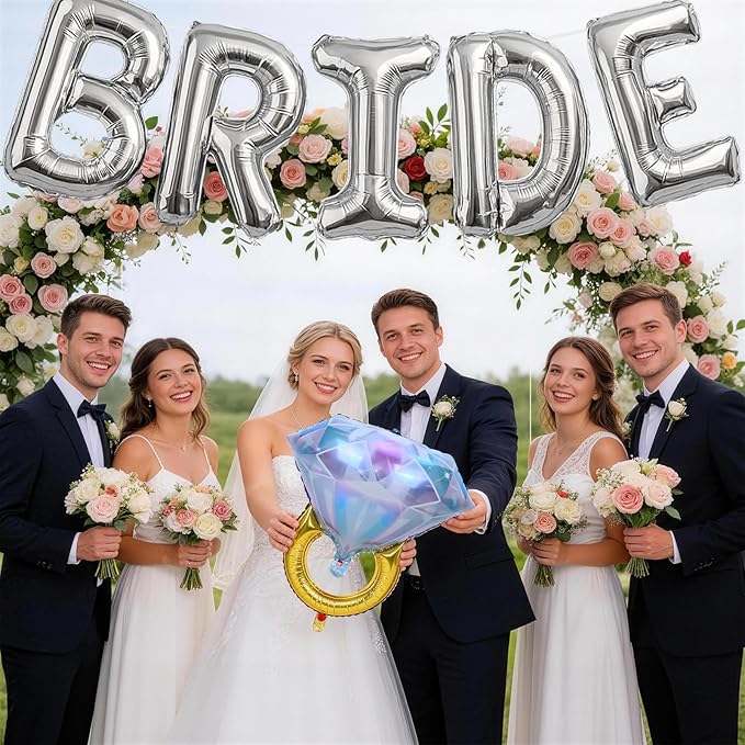 40inch Silver Bride Balloons Bachelorette, Bride To Be Bridal Shower Balloon Diamond Ring Champagne Glass Foil Balloon for Bachelorette Bridal Shower Engagement Wedding Hen Night Room Party Decoration