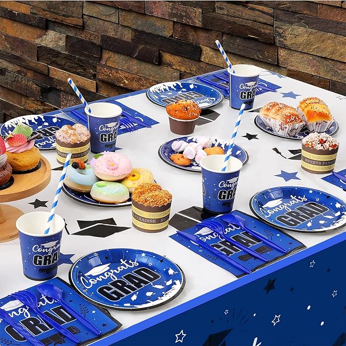 Graduation Party Supplies Congrats Grad Decorations Class of 2025, Disposable Plates and Napkins with Banner Tablecloth Cups Dinnerware Sets for Graduation Decor, Serves 24 (Blue and White)
