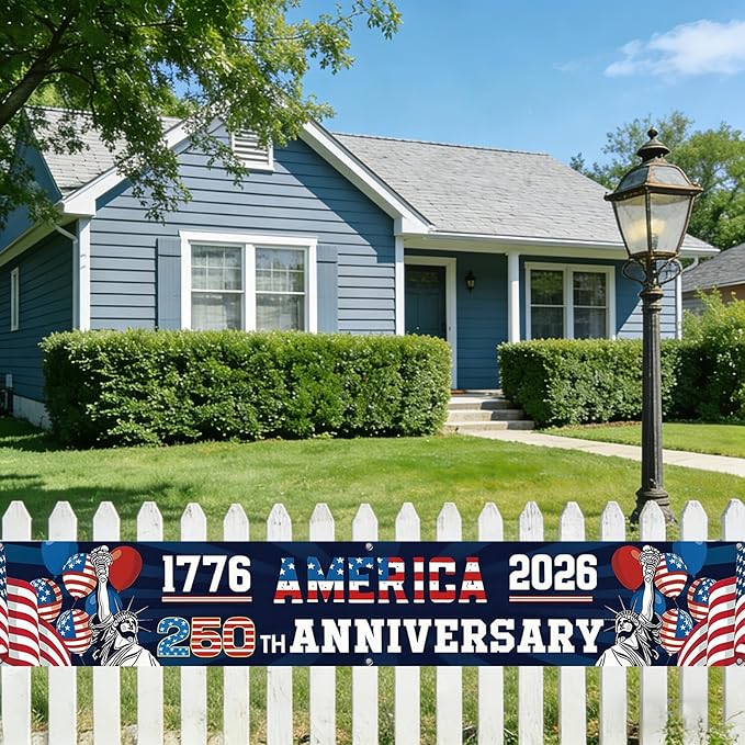 250 Year Anniversary USA Banner Flag 2x10 Ft, 4th of July Decorations 1776-2026 Freedom 250 Years Birthday Patriotic Party Supplies Decorations for Outdoor, Indoor,Garden, Porch (BLUE A)