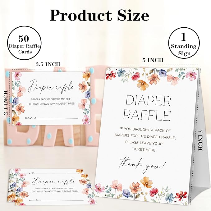 Boho Flower Diaper Raffle Game, Diaper Raffle Tickets for Baby Shower, Floral Gender Neutral Tickets for Baby Shower Party Favor Decorations Supplies (1 Sign + 50 Cards)