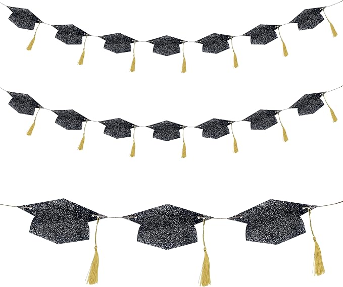 4E's Novelty Graduation Cap Banner – Black Glitter 2026 Grad Cap Garland, Grad Party Decorations 2025, Hanging Graduation Decor for College, High School & Outdoor Celebrations