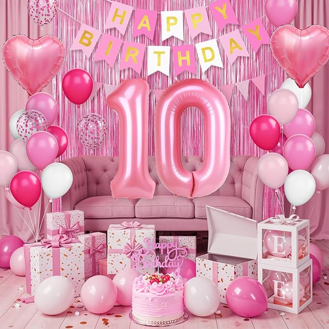 10th Birthday Decorations for Girls,Hot Pink 10th Birthday Balloons with Happy Birthday Banner Fringe Curtain Heart Foil Balloons for 10 Year Old Birthday Decor