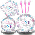 96pcs Winter Onederland Birthday Plates and Napkins Set, Pink and Silver Snowflake Winter Onederland 1st Birthday Party Supplies Decorations Snowflake for Baby Girls, Serves 24
