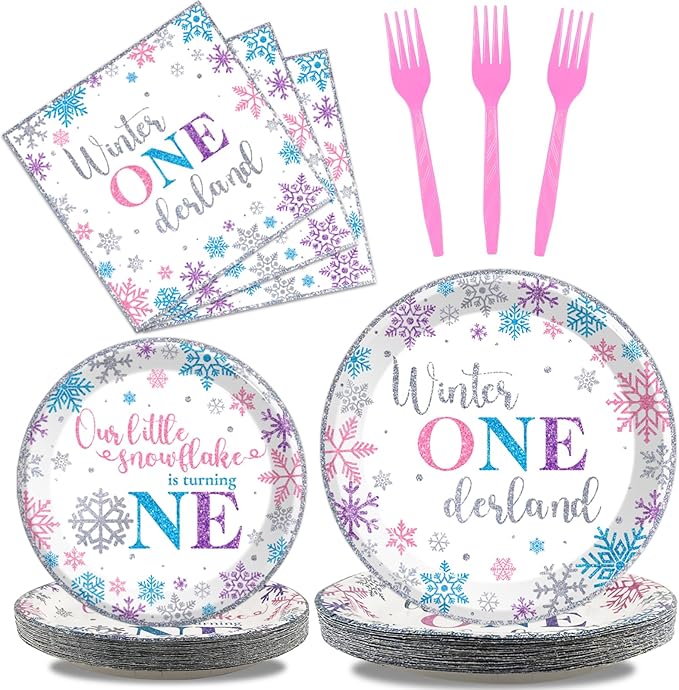 96pcs Winter Onederland Birthday Plates and Napkins Set, Pink and Silver Snowflake Winter Onederland 1st Birthday Party Supplies Decorations Snowflake for Baby Girls, Serves 24