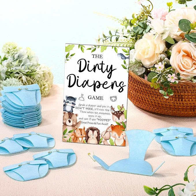 Roowest 51 Pcs Dirty Diaper Baby Shower Games Funny Wooden Sign with 50 Pcs Mini Diapers Cute Felt for Gender Reveal Party Baby Shower(Woodland Animals)