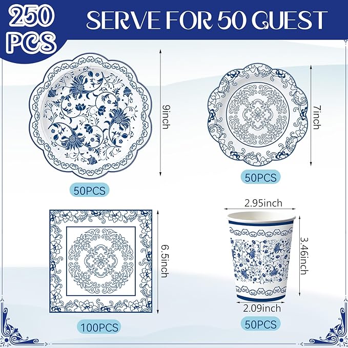 Pickmesh 250 Pcs Blue White Floral Party Supplies Decorations Serve 50 Blue and White Porcelain Pattern Disposable Paper Plates Napkins and Cups for Chinoiserie Baby Shower Birthday Wedding Tea Party