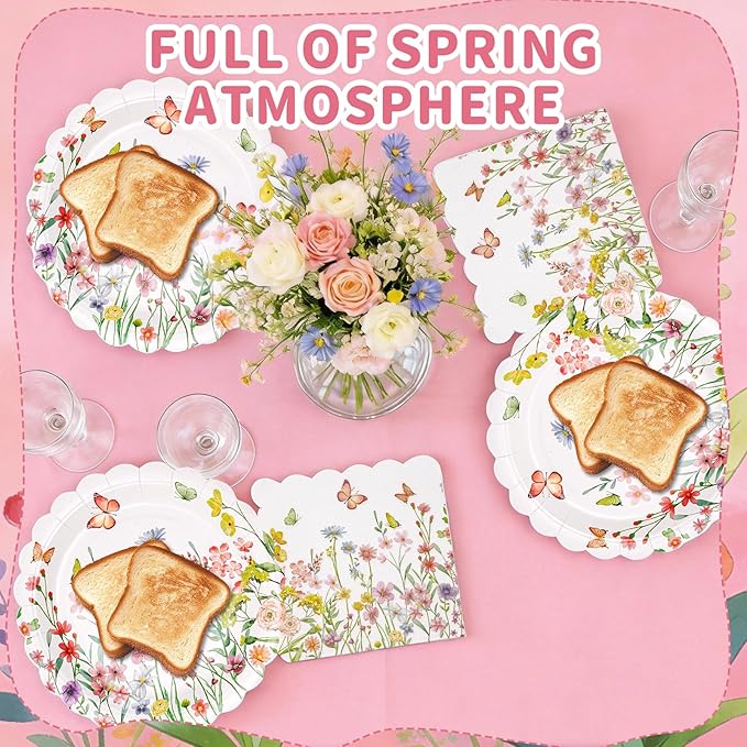 Wildflower Party Plates and Napkins Set - 40 Pcs Spring Disposable Tableware for 20 Guests, 9 Inch Floral Paper Plates & Butterfly Napkins for Baby Shower, Garden Party & Birthday Decorations